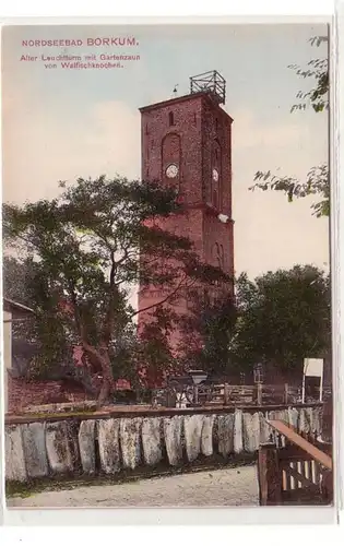 44752 Ak Nordseebad Borkum alter Leuchtturm mit Gartenzauen aus Walfischknochen