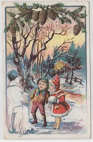 44750 Neujahrs Präge Ak 2 Kinder und Schneemann 1907