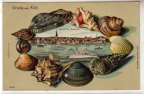 44438 Präge Ak Lithographie Gruß aus Kiel Gesamtansicht 1909