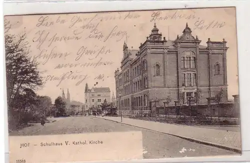 44224 Ak Hof Schulhaus und katholische Kirche 1911