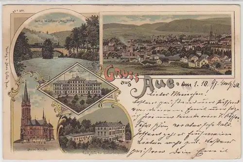 43352 Ak Lithographie Gruß aus Aue Schule usw. 1897