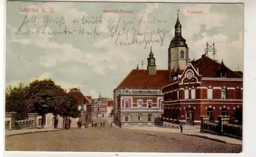 43092 Ak Laucha Bahnhof Straße mit Postamt 1908