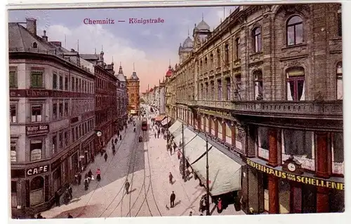42993 Ak Chemnitz Königstrasse mit Geschäften um 1920