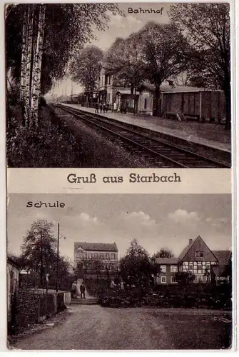 42755 Ak Gruß aus Starach Schule und Bahnhof um 1920