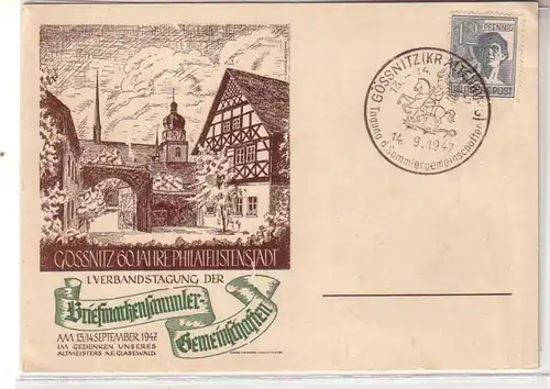 42681 Anlaßkarte mit Sonderstempel Gößnitz Tagung der Sammlergemeinschaften 1947