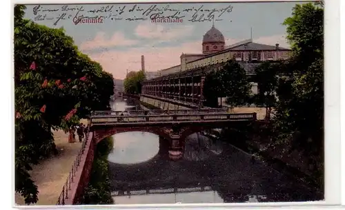 42669 Ak Chemnitz Markthalle mit Brücke 1911