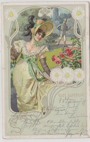 42495 Jugendstil Ak elegante Dame "Ein Wenig" um 1900