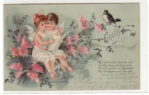 42489 hübsche Ak mit 2 Engeln und Vogel 1901