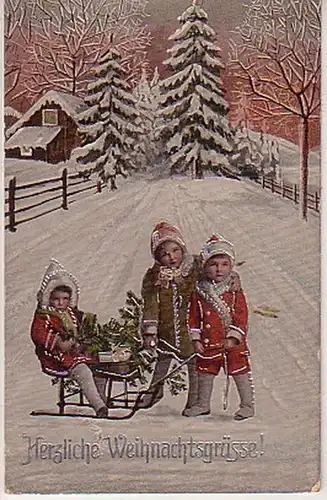 42278 Weihnachts Ak 3 Kinder mit Schlitten um 1910