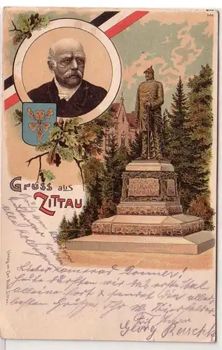 41996 Ak Lithographie Gruß aus Zittau Bismarckdenkmal 1915