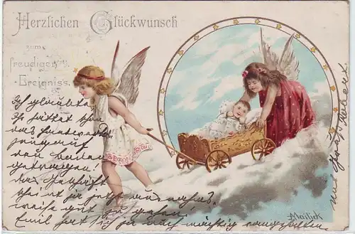41752 Ak 2 Engel ziehen Handwagen mit Baby 1904