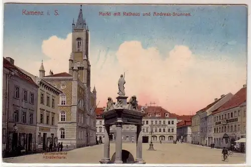 41677 Ak Kamenz Markt m. Rathaus + Andreas-Brunnen 1914