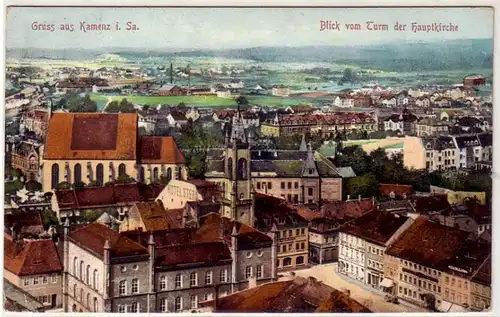 41667 Ak Gruss aus Kamenz v. Turm der Hauptkirche 1908