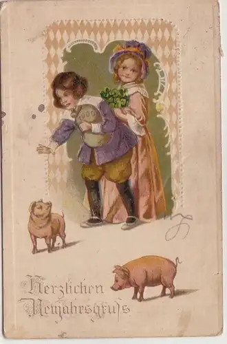 41119 Neujahrs Präge Ak mit Glücksschweinen 1921