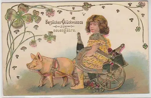 41104 Präge Neujahrs Ak Glücksschwein und Kind 1908
