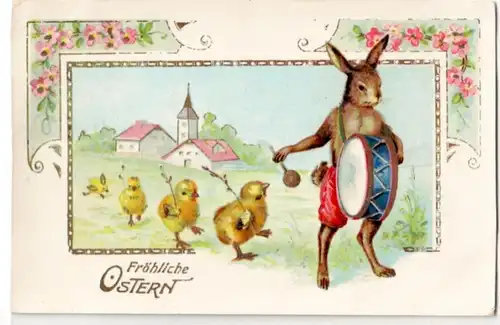 40899 Fröhliche Oster Ak Hase mit Trommel und Küken 1927