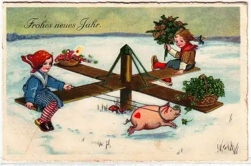 40770 Neujahrs Ak Kinder auf Karussel von Glücksschwein gezogen 1926