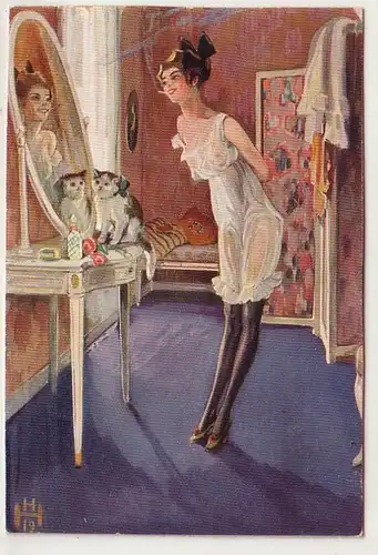 40730 Kunst Ak Erotik Mädchen vor Spiegel in Neglige um 1920