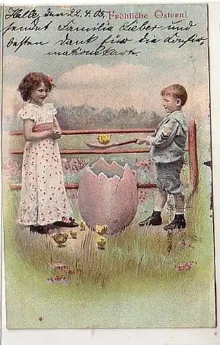 40401 Ak de Pâques 2 enfants avec œuf de pâque et poussins 1905