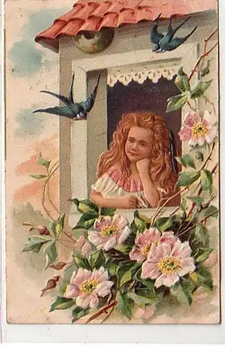 40397 Präge Ak Mädchen Blumen und 2 Schwalben 1908