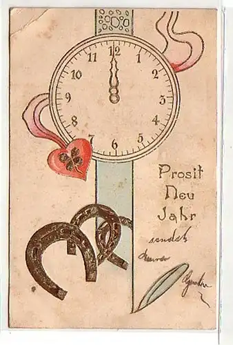 40347 Neujahrs Präge Ak Uhr Herz und Hufeisen 1904