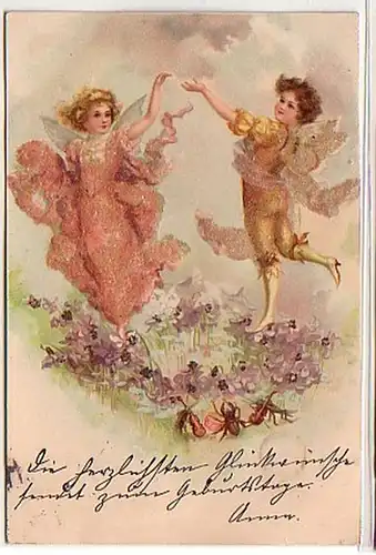 40292 Glitter Ak schwebende Engel oder Elfen 1900