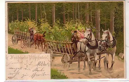 40277 Pfingst Ak 2 geschmückte Pferdefuhrwerke 1901