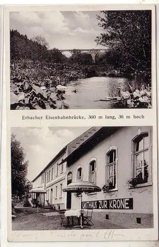 40193 Ak Erbacher Eisenbahnbrücke und Gasthaus zur Krone 1938