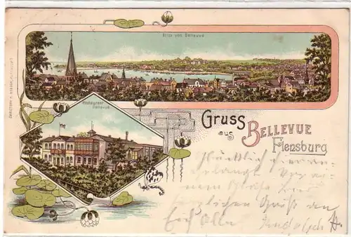 39410 Ak Lithographie Salutation de Flensburg Restaurant Bellevue 1901