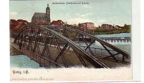 39237 Ak Penig Muldenbrücke Stadtkirche Schulen 1901