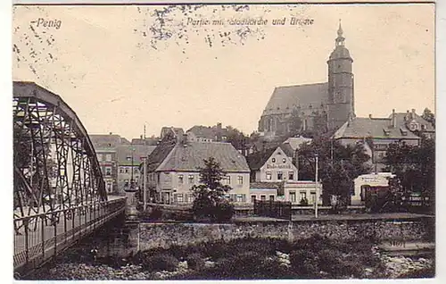 38960 Ak Penig Partie mit Stadtkirche und Brücke 1914