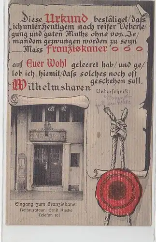 38571 Feldpost Ak Wilhelmshaven Entrée au restaurant franciscain 1917