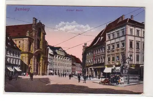 38067 Ak Bamberg Grüner Markt mit Geschäften um 1920