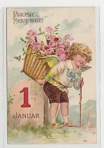 38018 Neujahrs Ak Engel mit Korb voll Rosen 1906