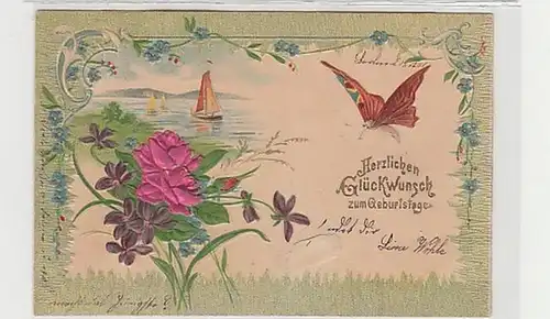 38012 Félicitations Ak fleurs papillon voilier 1901