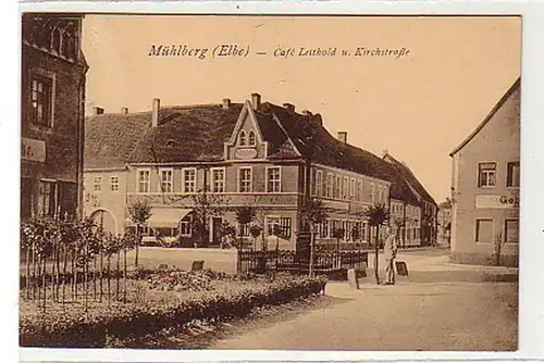 37488 Ak Mühlberg Café Leithold und Kirchstraße 1927