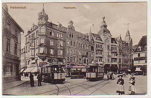 37438 Ak Halberstadt Fischmarkt Straßenbahnen 1910