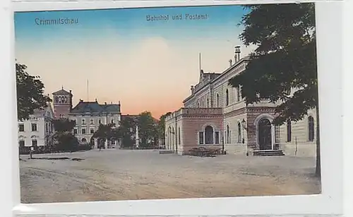 36851 Ak Crimmitschau Bahnhof und Postamt um 1910