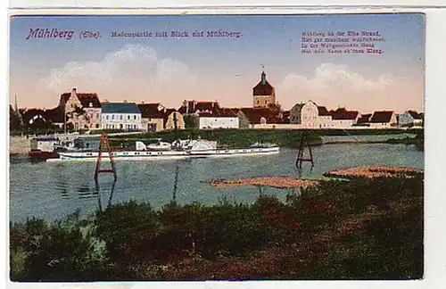 36717 Ak Mühlberg Elbe Hafenpartie mit Dampfer 1914