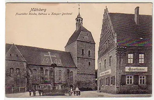 36463 Ak Mühlberg Kirche Rathaus Sparkasse Denkmal 1910