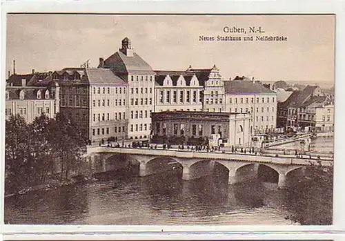 36121 Guben N.-L. Neues Stadthaus u. Neißebrücke um1920