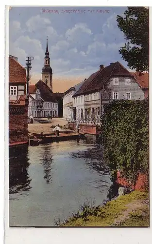 36095 Ak Lübbenau Spreepartie mit Kirche um 1910