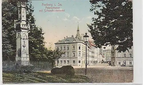 35728 Ak Freiberg Petersstraße mit Schwedendenkmal 1911