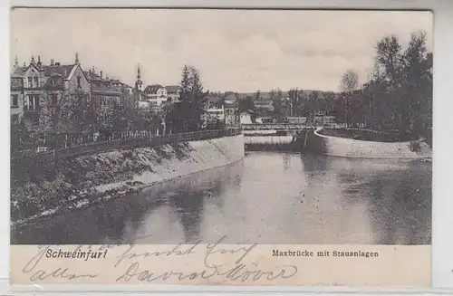 35591 Ak Schweinfurt Maxbrücke mit Stauanlagen 1906
