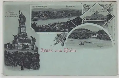 35294 Ak Gruss vom Rhein Niederwald-Denkmal, Assmannshausen, Jagdschloß um 1900