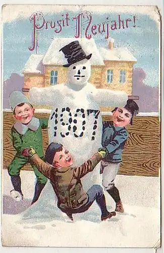 35241 Ak Schneemann und 3 Kinder Prosit Neujahr! 1907
