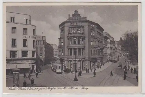 35240 Ak Halle (Saale) Leipziger Straße mit Verkehr und Geschäften um 1940