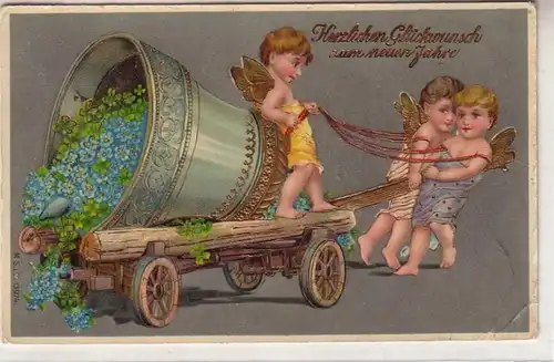 34988 Neujahrs Ak Engel ziehen Handwagen mit großer Glocke 1908