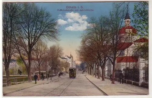 34819 Ak Döbeln Bahnhofstraße mit Jakobikirche 1916