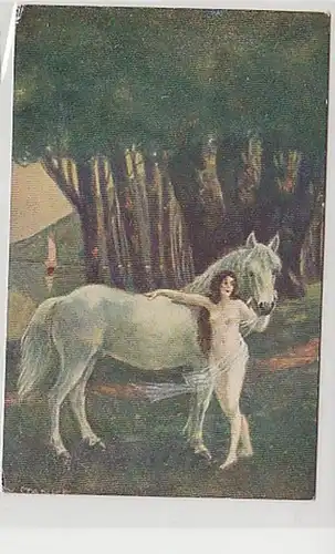 34385 Erotik Ak Nackte mit weißem Pferd 1916